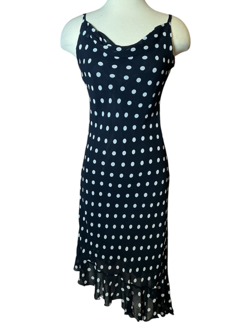Vintage Y2K Daisy O Polka Dot Cowl Neck Asymmetrical Midi Dress